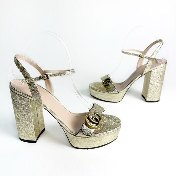 GUCCI Marmont Gold Platform Heel Sandals 39.5 Metallic Leather Block Ankle Strap - Picture 3 of 12